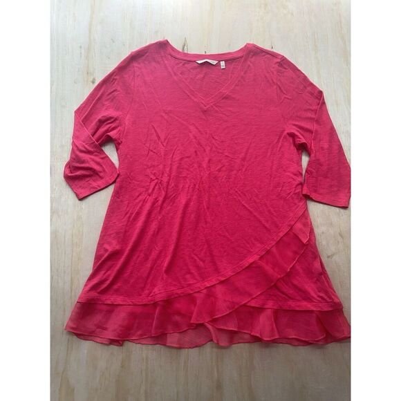 Soft Surroundings Women’s Top Tee V Neck Ruffle Hem Cotton Sz PL (petite) L - Picture 1 of 6